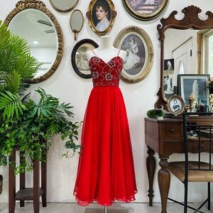 Sherri Hill Red Beaded Spaghetti-Strap Maxi Dress